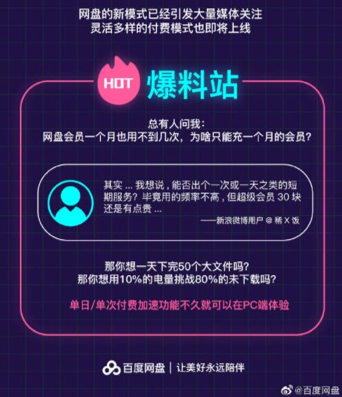 百度網(wǎng)盤(pán)：PC版將推出單日/單次付費(fèi)加速功能