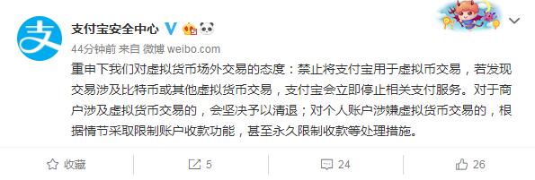 支付寶：禁止用于虛擬幣交易 情節(jié)嚴重將停止相關(guān)支付服務